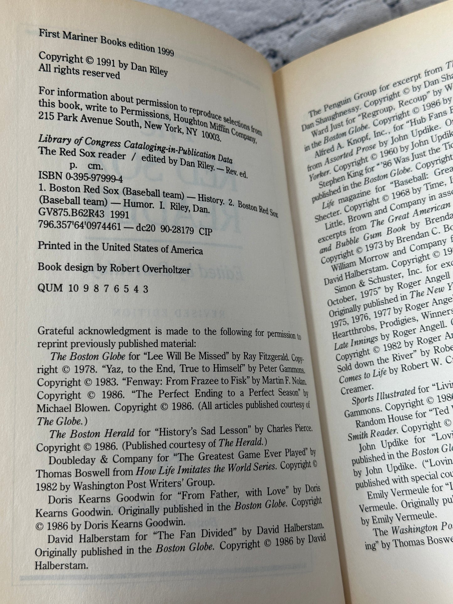 The Red Sox Reader -By Dan Riley [1999 · Third Printing]