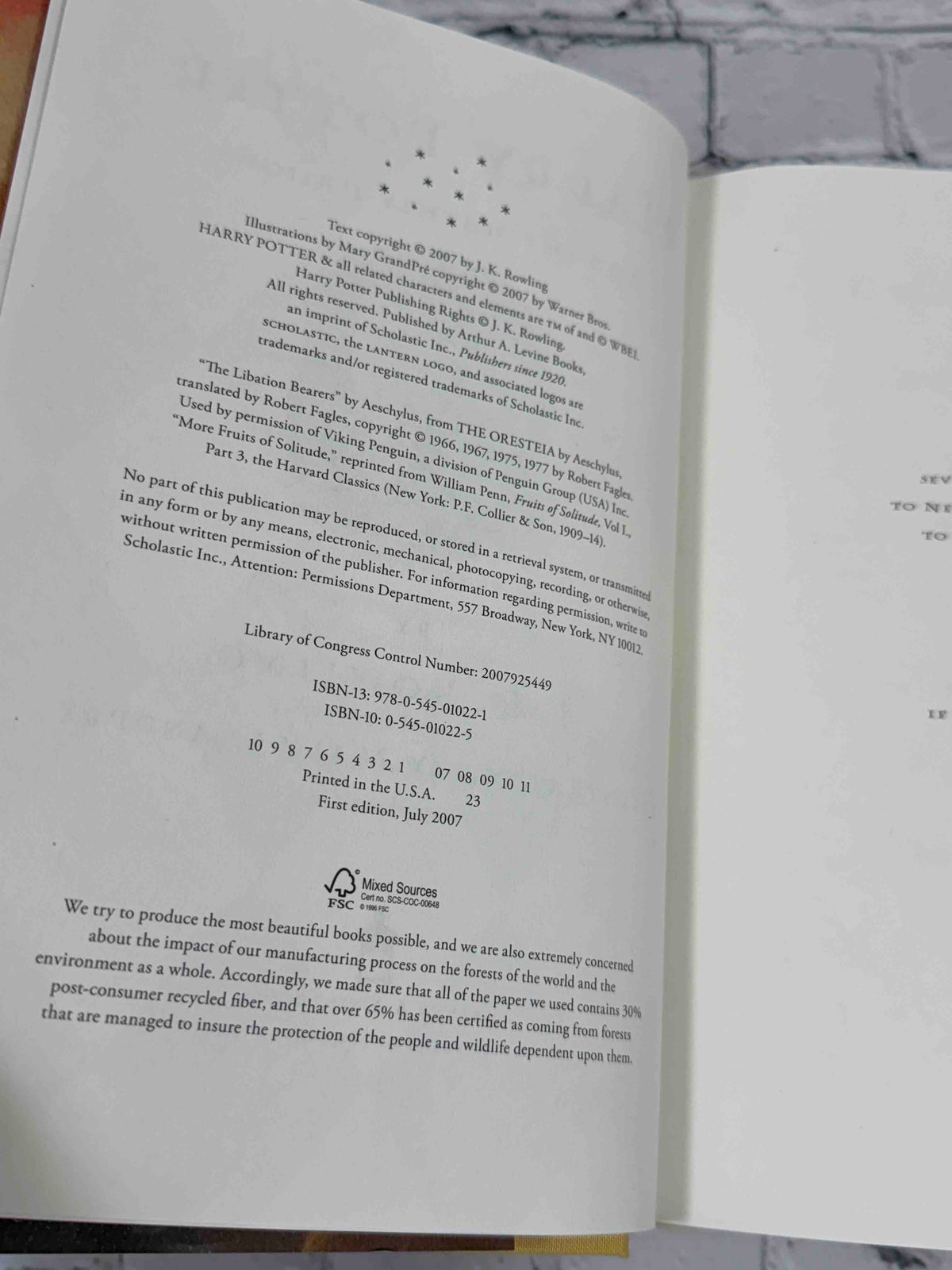 Harry Potter and the Deathly Hallows by J.K. Rowling, 2007 Scholastic Hardcover - copyright page