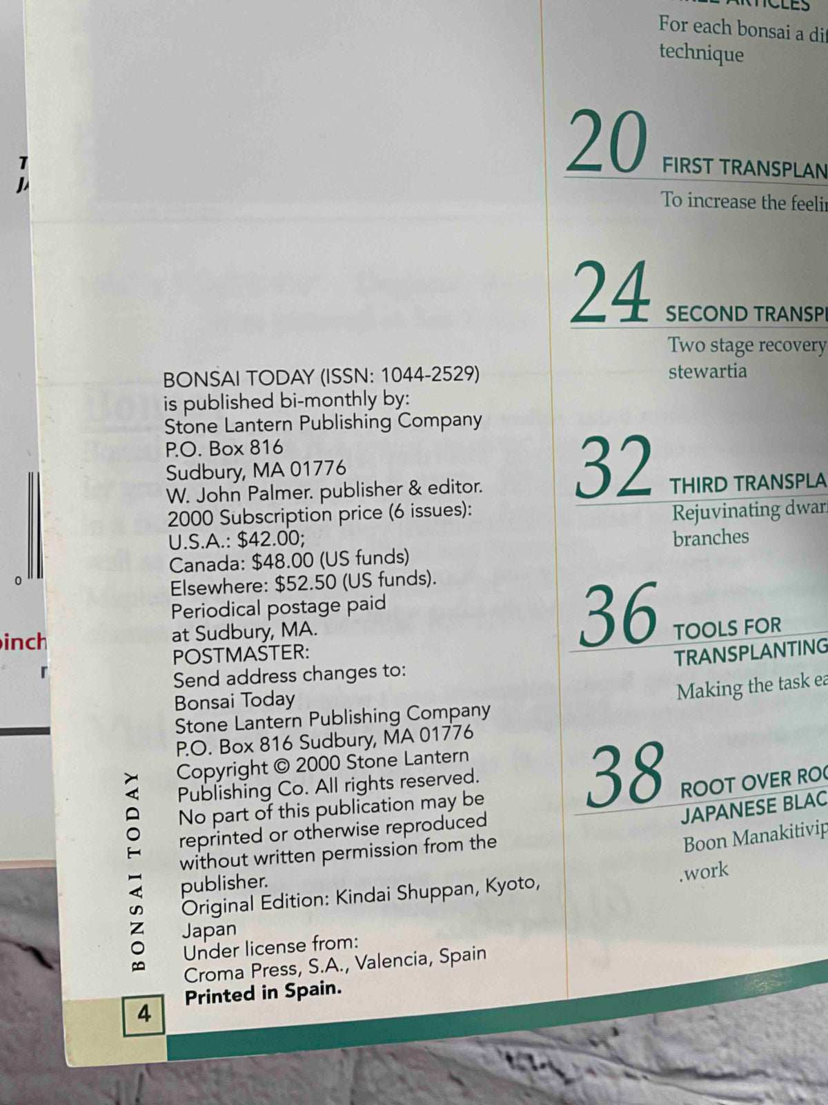 Bonsai Today magazine lot - 2000 masthead and contents page