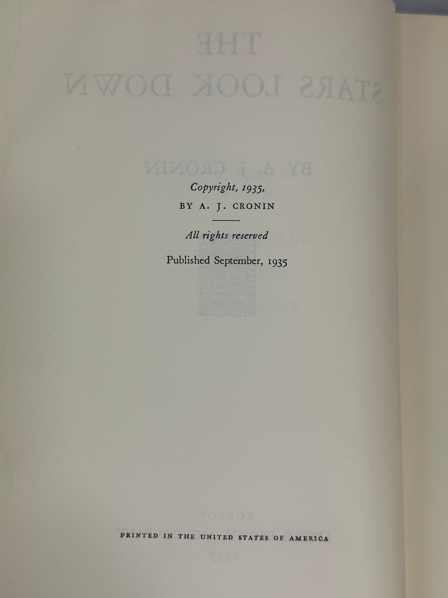 The Stars Look Down by A.J. Cronin [1935 · 1st Edition]