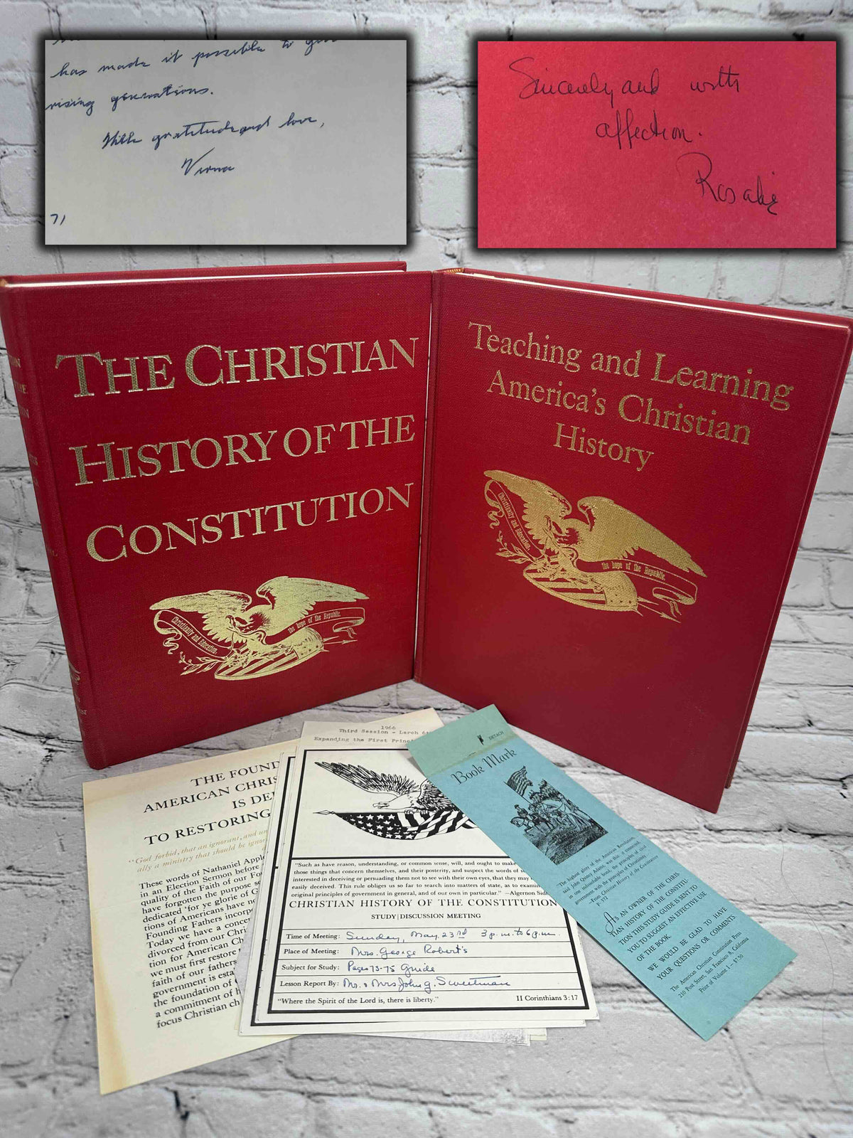 The Christian History of the Constitution and Teaching and Learning America's Christian History, signed lot of 2 - both volumes with inserts and close-ups of the inscriptions