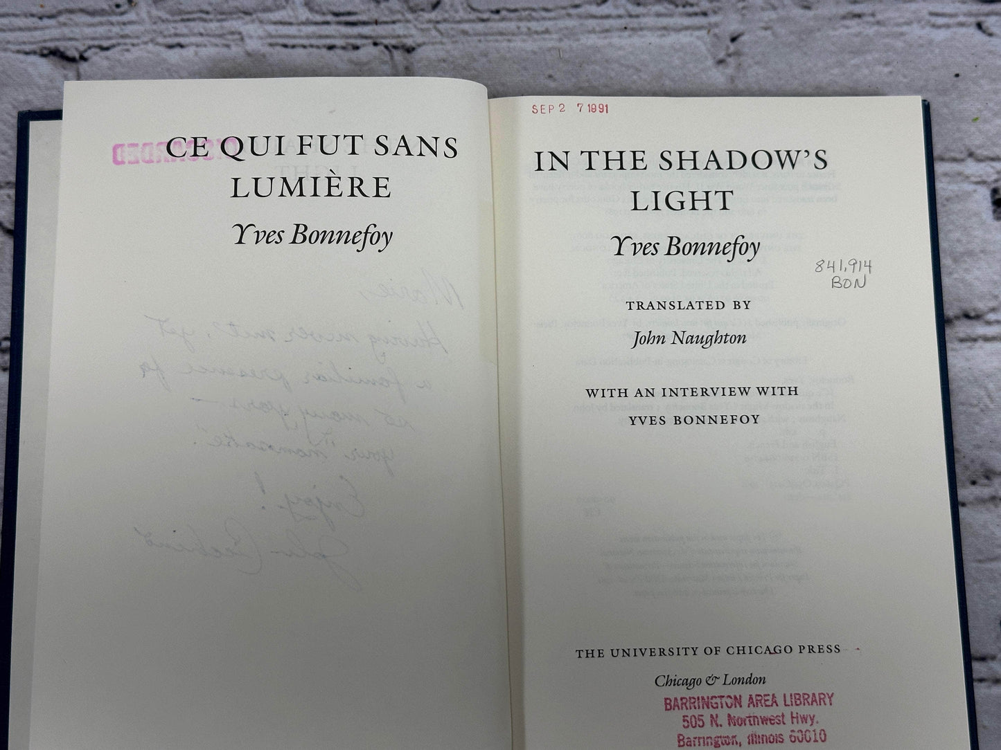 Flipped Pages In the Shadow's Light by Bonnefoy [1991]