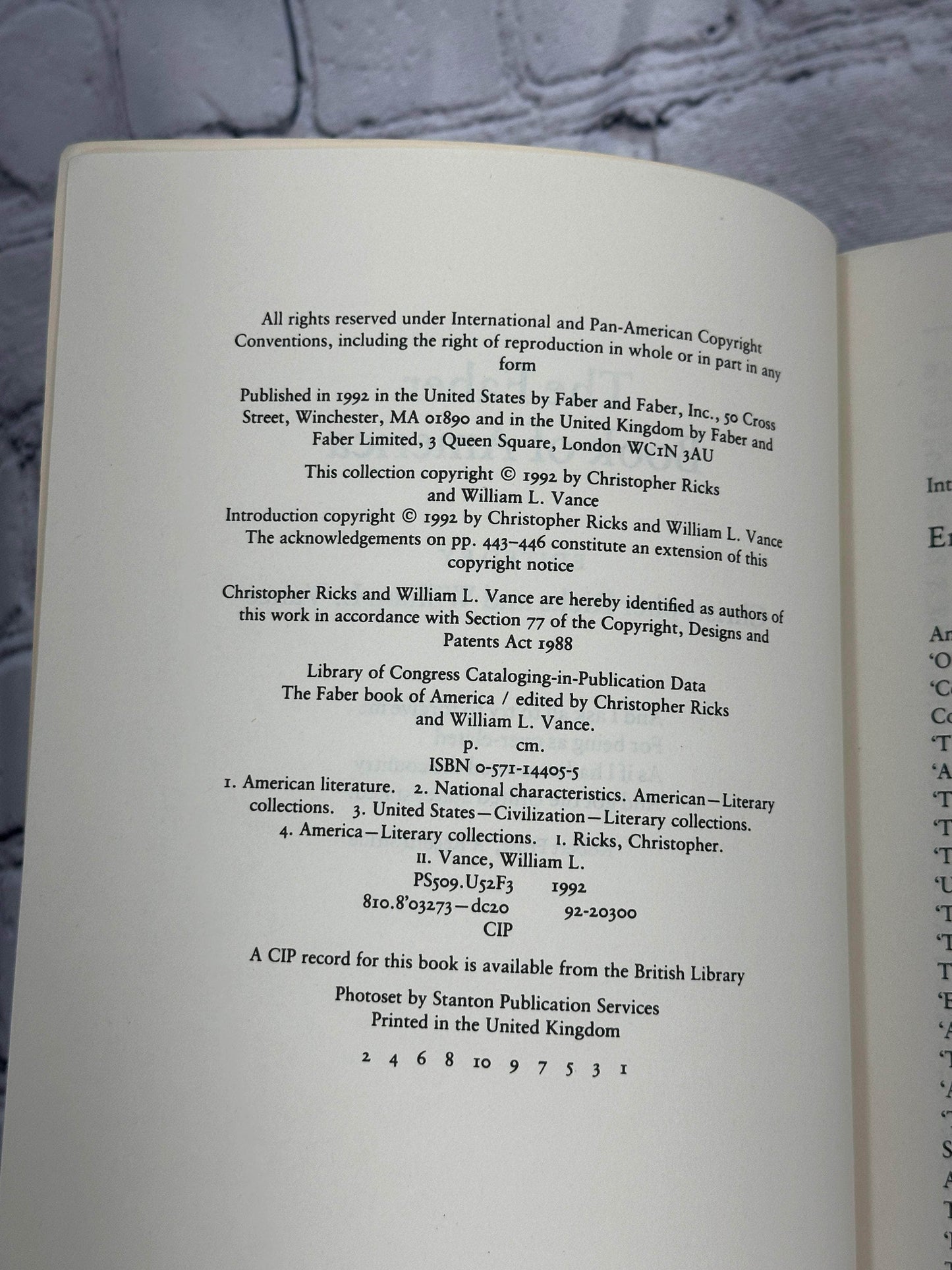 Flipped Pages The Faber Book of America By Christopher Ricks & William L. Vance [1992]