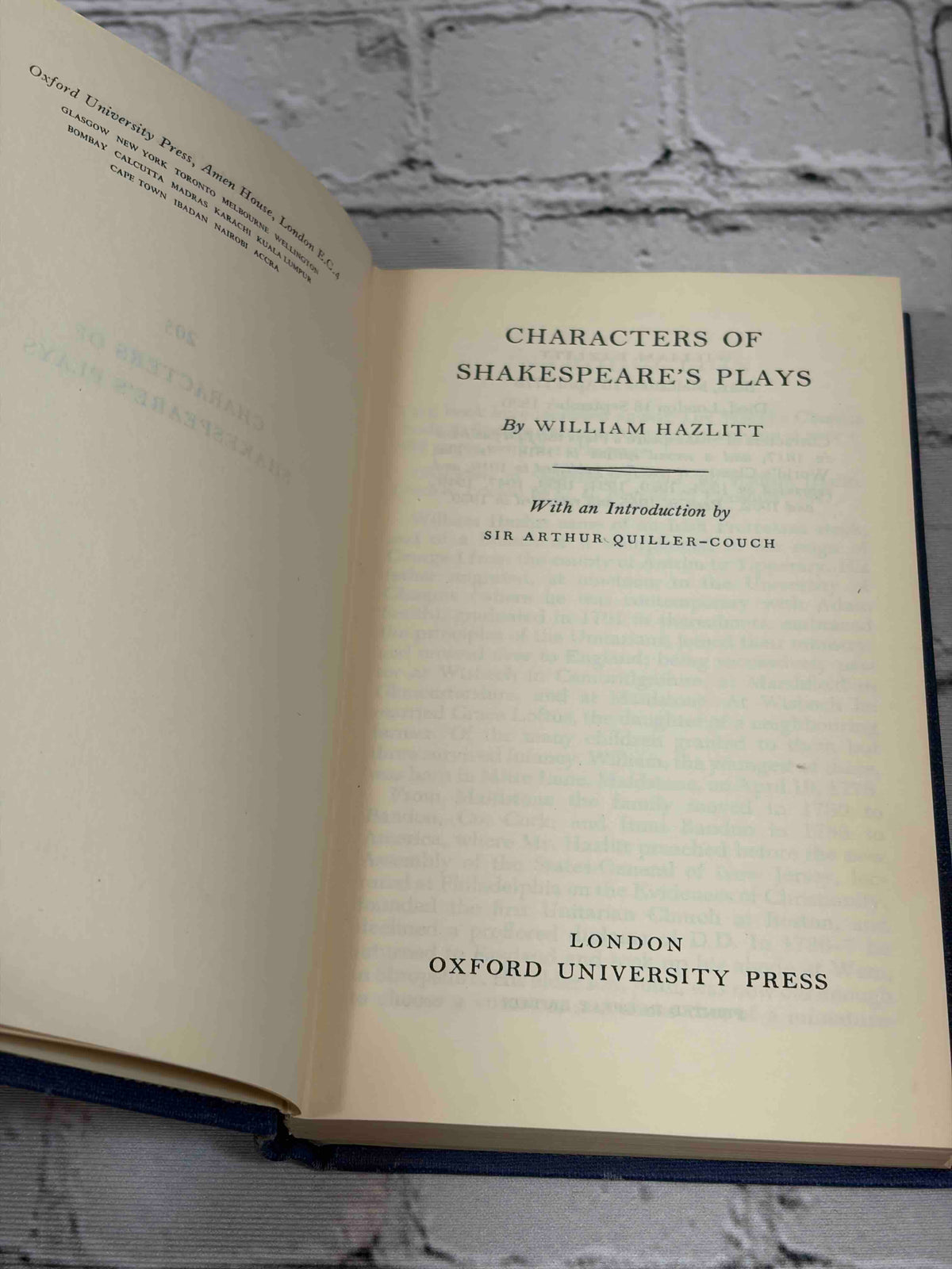 Characters of Shakespeare's Plays by William Hazlitt, 1959 Oxford University Press hardcover - title page