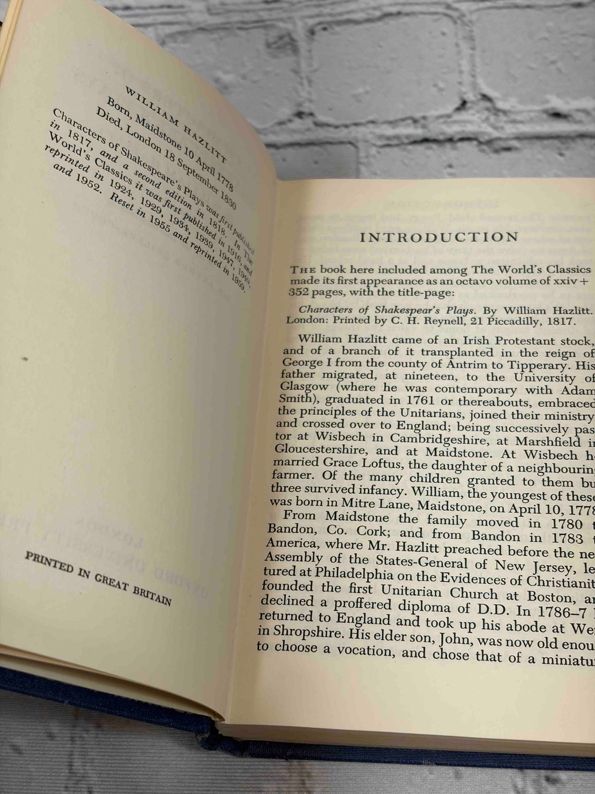 Characters of Shakespeare's Plays by William Hazlitt, 1959 Oxford University Press hardcover - publication history page and introduction