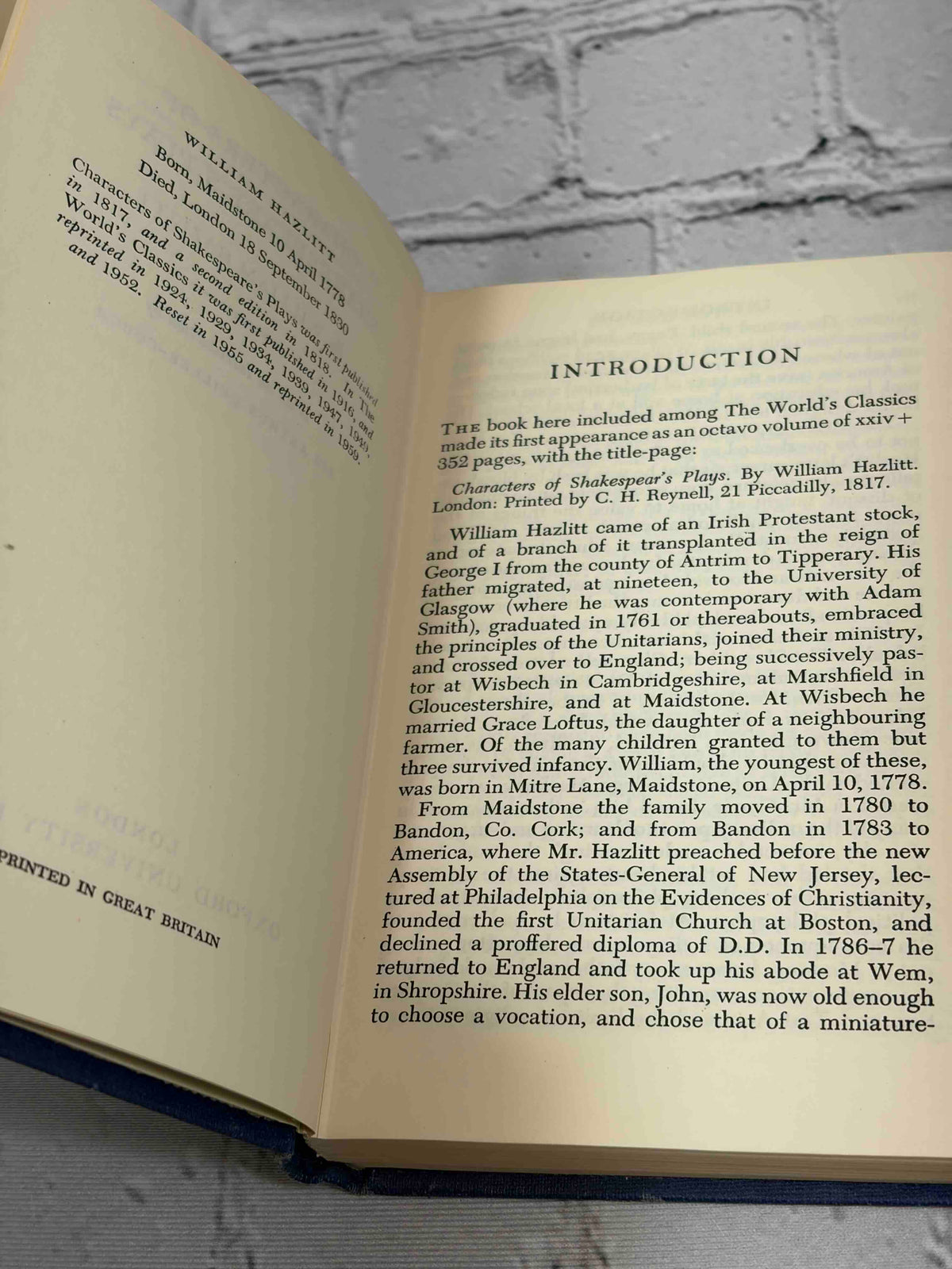 Characters of Shakespeare's Plays by William Hazlitt, 1959 Oxford University Press hardcover - publication history page and introduction