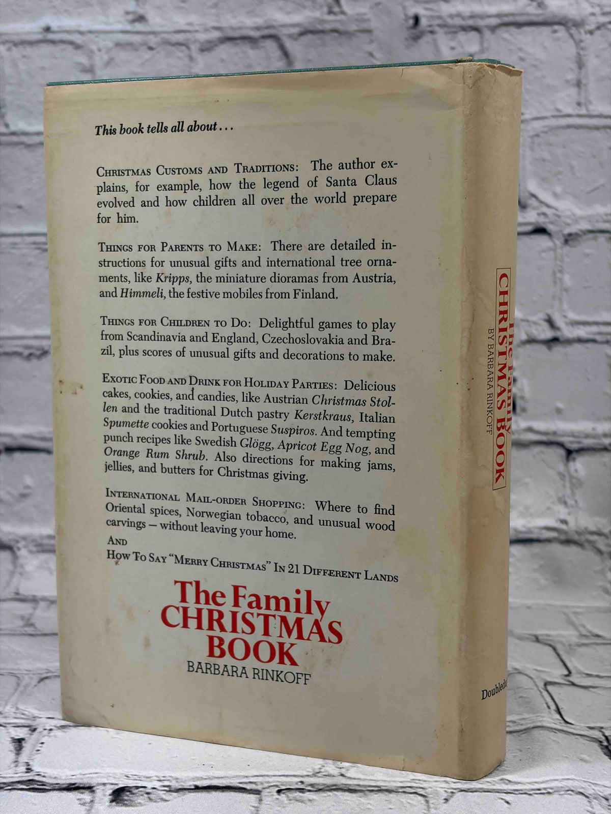 The Family Christmas Book by Barbara Rinkoff, 1969 Doubleday hardcover - dust jacket rear and spine