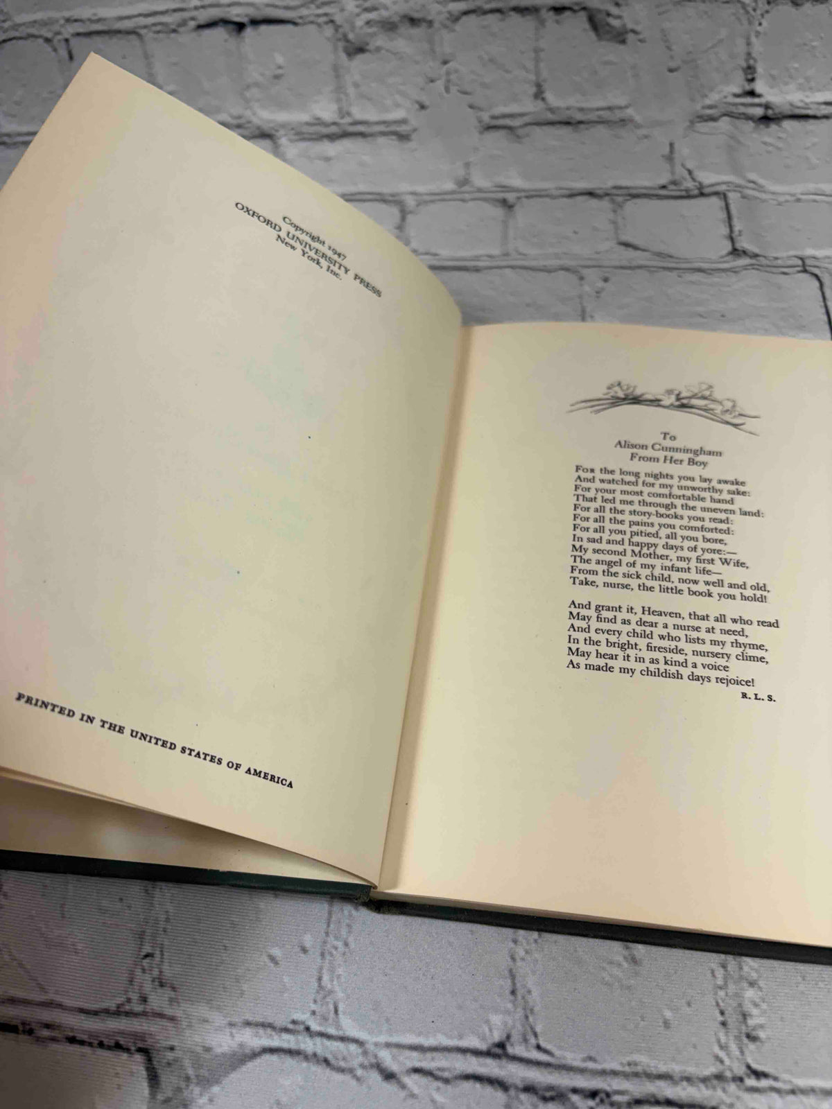 A Child's Garden of Verses by Robert Louis Stevenson, 1947 Oxford University Press hardcover - copyright page and dedication