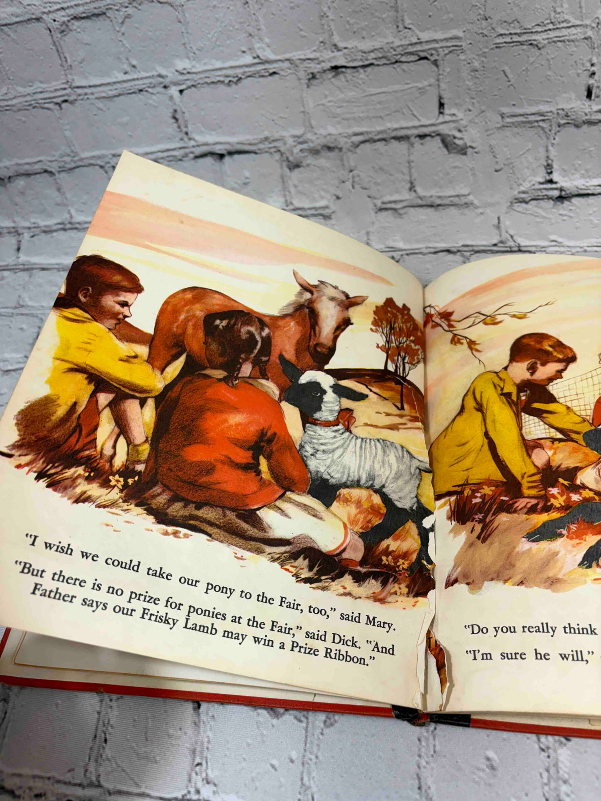 Frisky at the Fair by Nancy Raymond, 1955 The Fideler Company hardcover - interior illustration with gutter tear