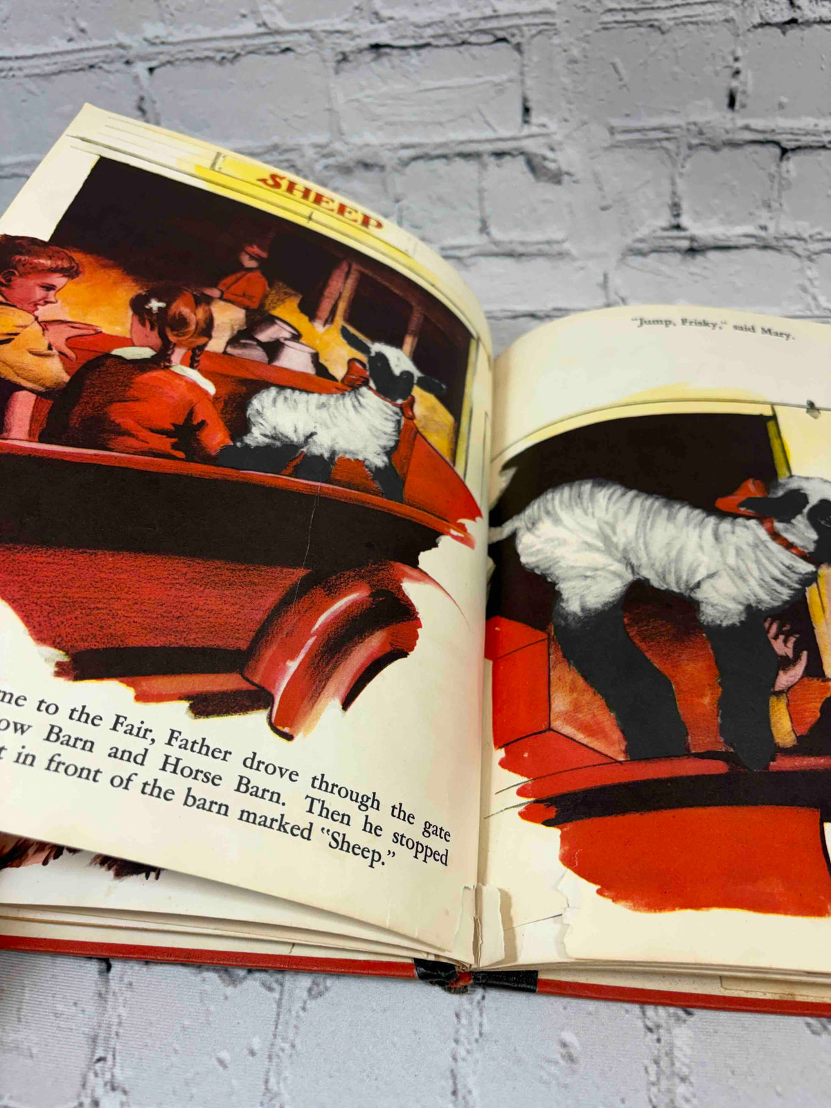 Frisky at the Fair by Nancy Raymond, 1955 The Fideler Company hardcover - interior illustration with gutter tears