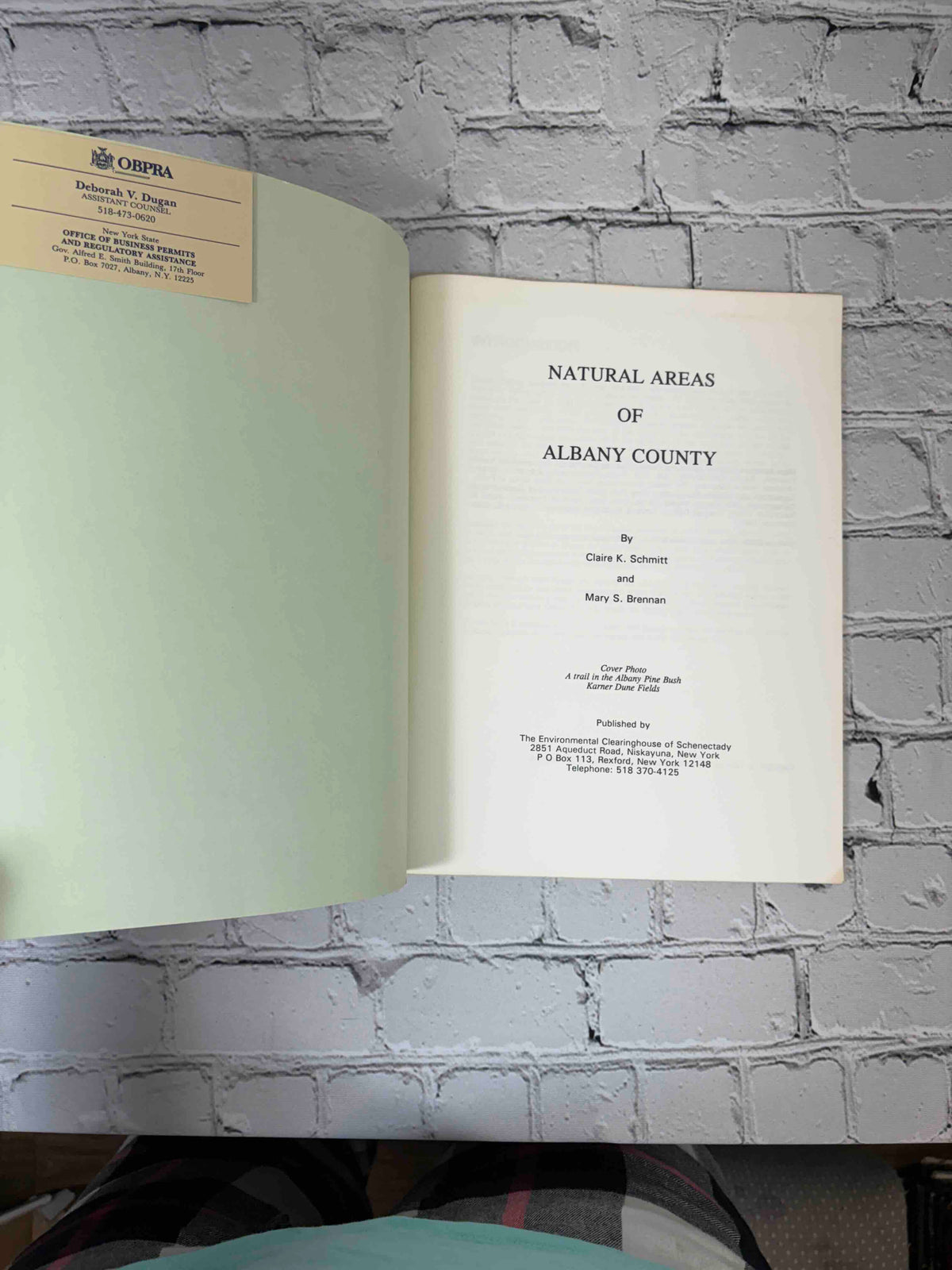 Natural Areas of Albany County by Claire K. Schmitt, 1991 The Environmental Clearinghouse of Schenectady paperback - title page with business card stapled in