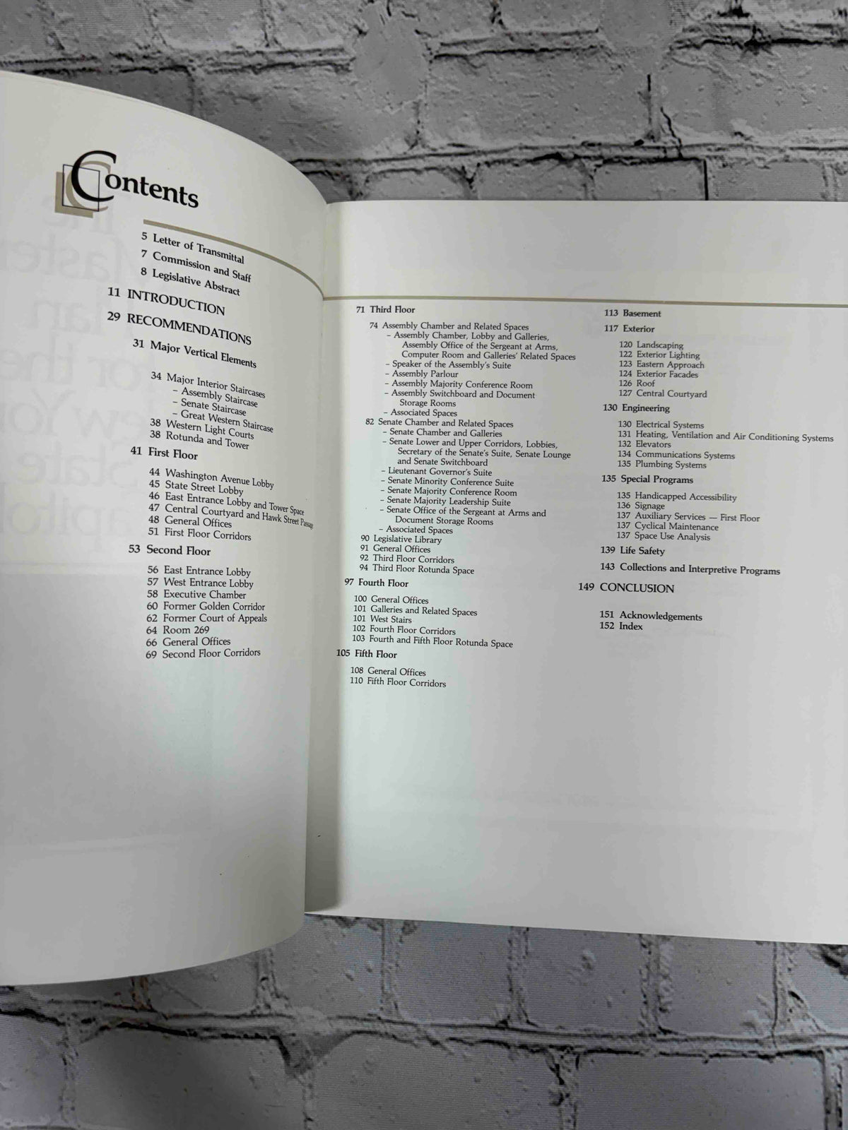 The Master Plan for the New York State Capitol, 1982 Temporary State Commission on the Restoration of the Capitol paperback - contents page