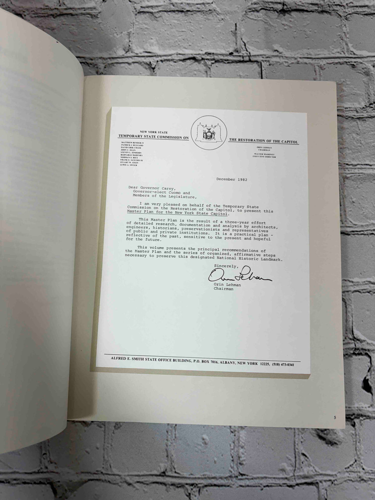 The Master Plan for the New York State Capitol, 1982 Temporary State Commission on the Restoration of the Capitol paperback - letter of transmittal (p. 5)