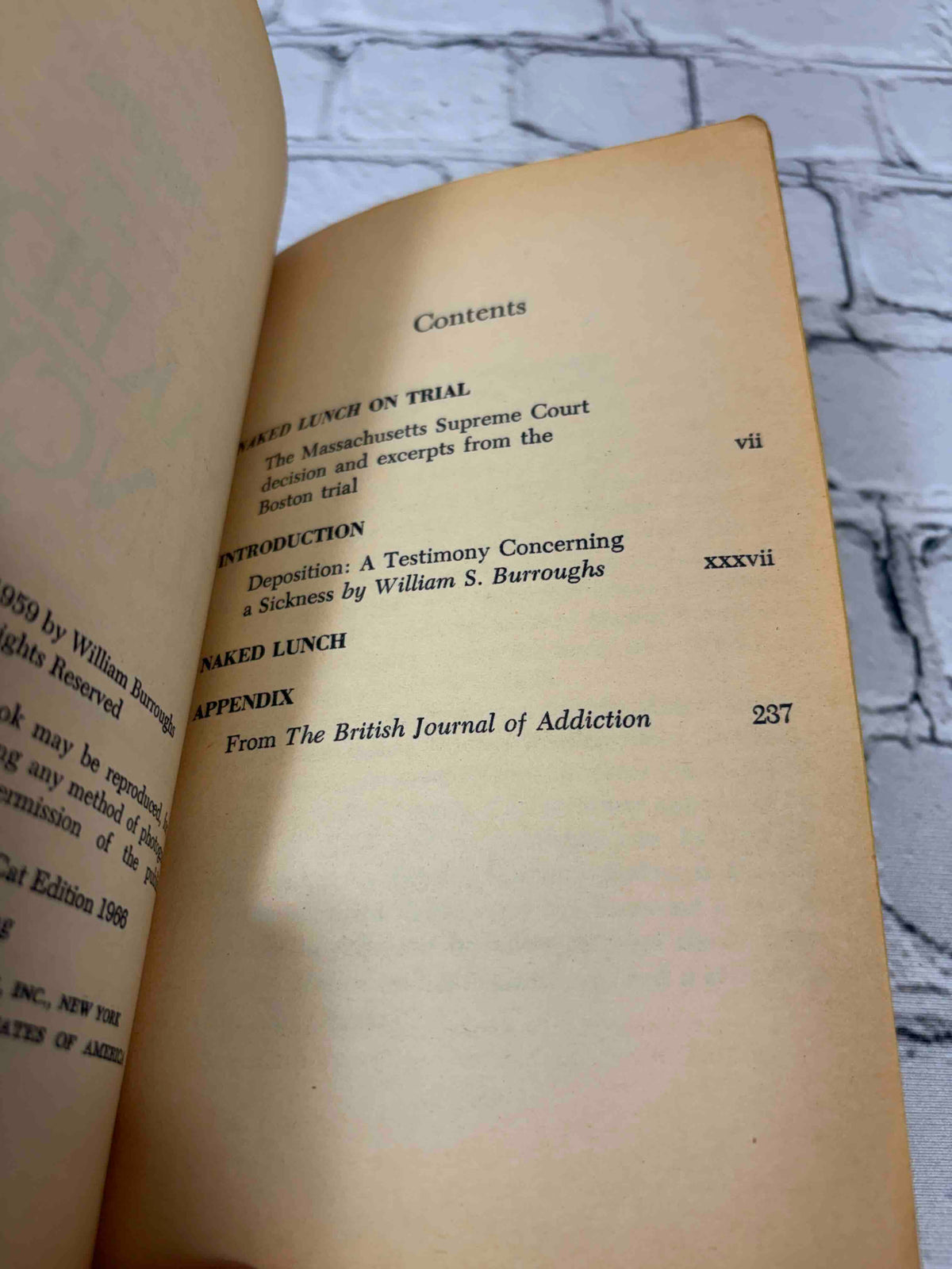 Naked Lunch by William S. Burroughs, 1966 Grove Press paperback - contents page
