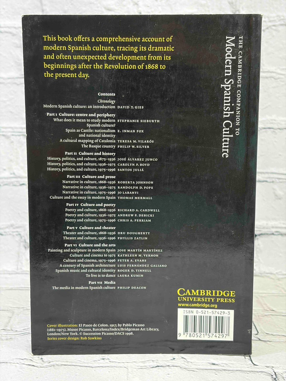 The Cambridge Companion to Modern Spanish Culture by David T. Gies, 2005 Cambridge University Press paperback - rear cover