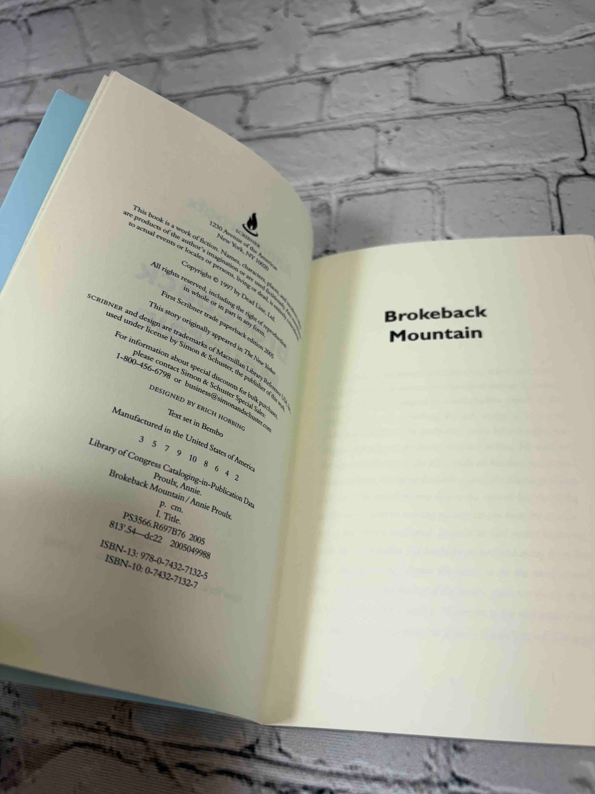 Brokeback Mountain by Annie Proulx, 2005 Scribner paperback - copyright page and title page