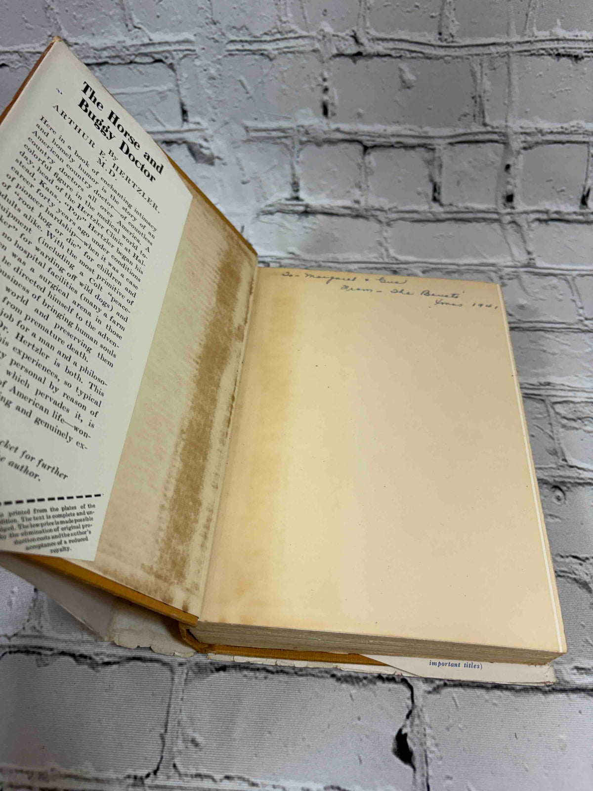 The Horse and Buggy Doctor by Arthur E. Hertzler, 1941 Blue Ribbon Books hardcover - front flap and gift inscription on front free endpaper