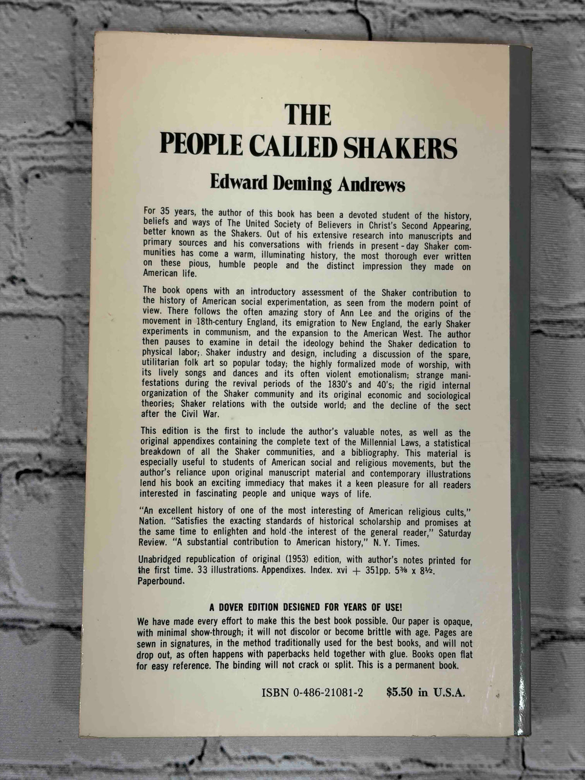 The People Called Shakers by Edward Deming Andrews, 1963 Dover Publications paperback - rear cover
