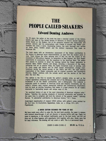 The People Called Shakers by Edward Deming Andrews, 1963 Dover Publications paperback - rear cover