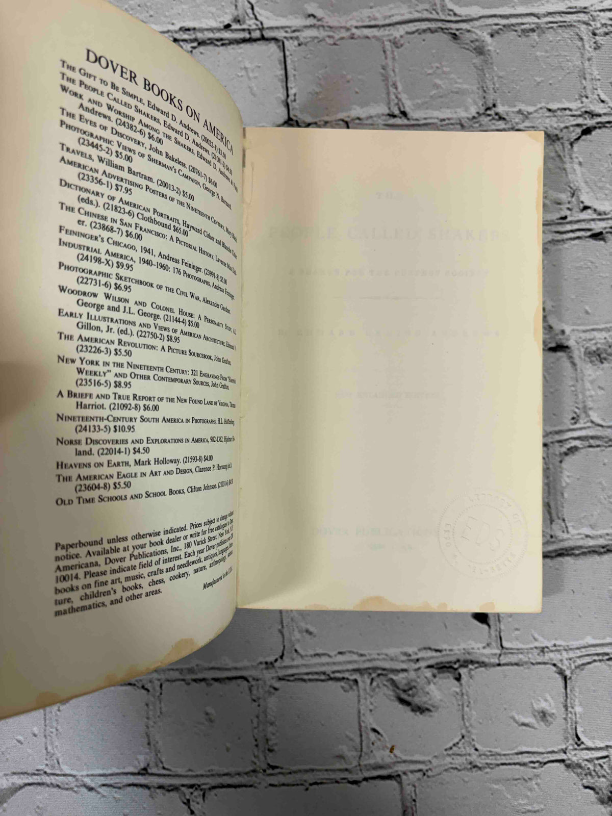 The People Called Shakers by Edward Deming Andrews, 1963 Dover Publications paperback - inside front cover and first page with embossed blind stamp