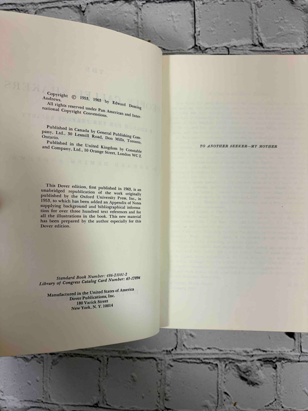 The People Called Shakers by Edward Deming Andrews, 1963 Dover Publications paperback - copyright page and dedication