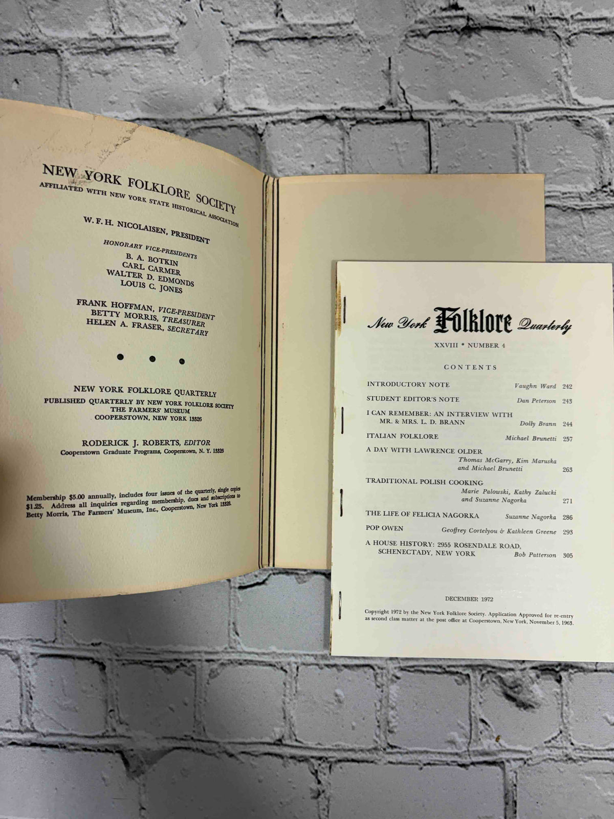 New York Folklore Quarterly, December 1972 (Niskayuna High School Edition) - inside front cover masthead and contents page