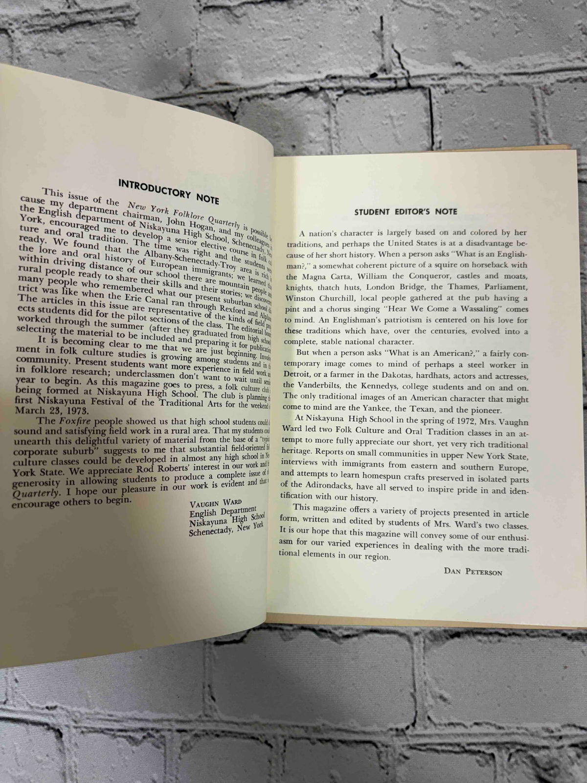 New York Folklore Quarterly, December 1972 (Niskayuna High School Edition) - introductory note and student editor's note