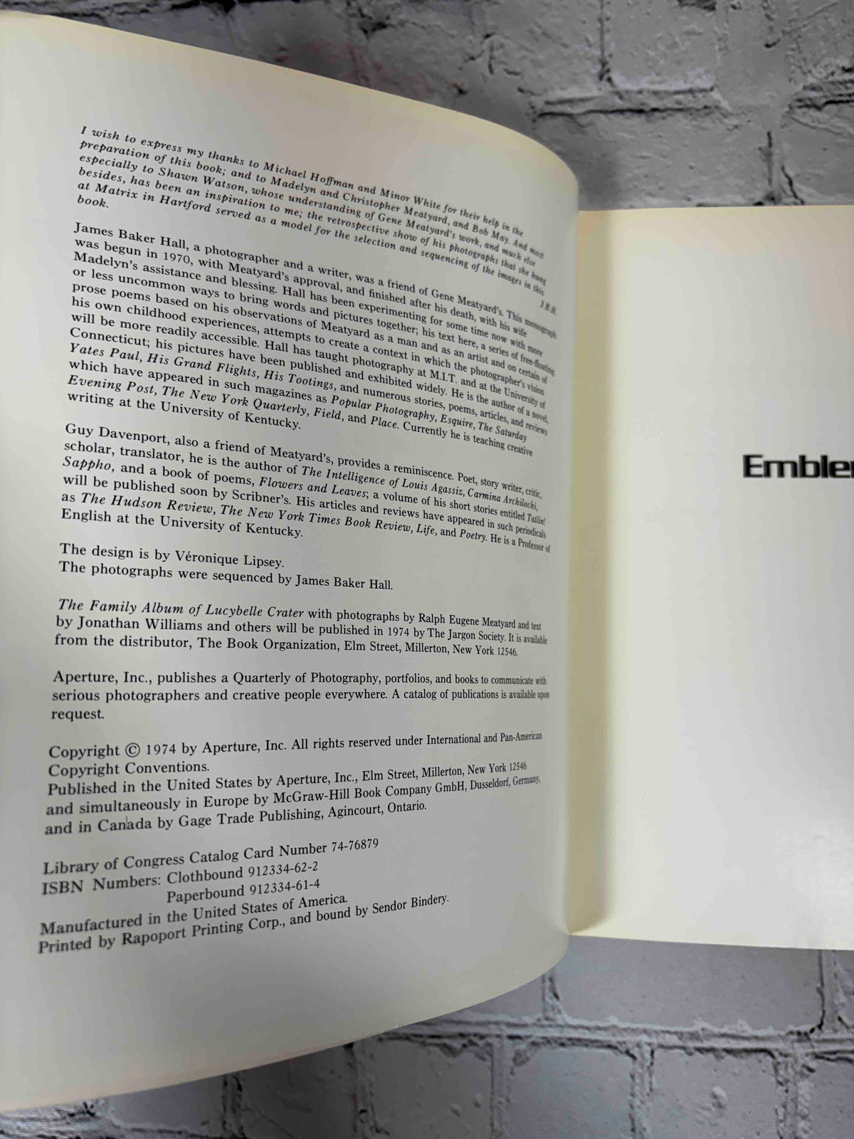 Ralph Eugene Meatyard: An Aperture Monograph, 1974 Aperture paperback - credits and copyright page
