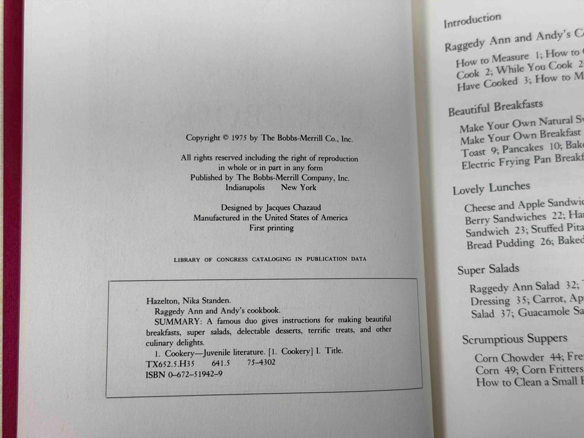 Raggedy Ann and Andy's Cookbook by Nika Hazelton, 1975 Bobbs-Merrill hardcover - copyright page