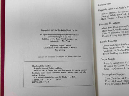 Raggedy Ann and Andy's Cookbook by Nika Hazelton, 1975 Bobbs-Merrill hardcover - copyright page