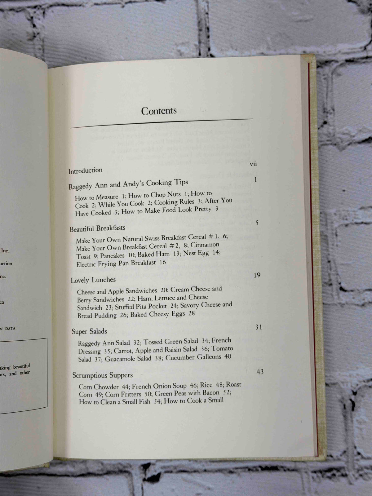 Raggedy Ann and Andy's Cookbook by Nika Hazelton, 1975 Bobbs-Merrill hardcover - contents page