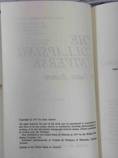 The Collapsing Universe by Isaac Asimov, 1977 Walker and Company hardcover - copyright page