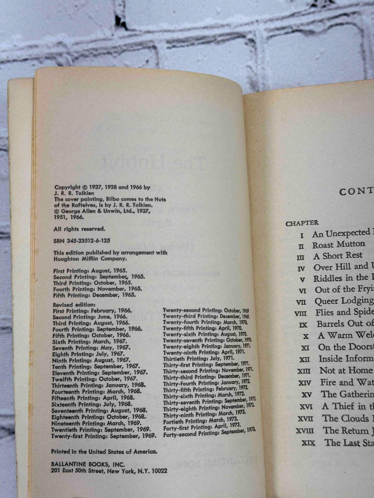 The Hobbit by J. R. R. Tolkien, 1973 Ballantine Books paperback - copyright page and contents