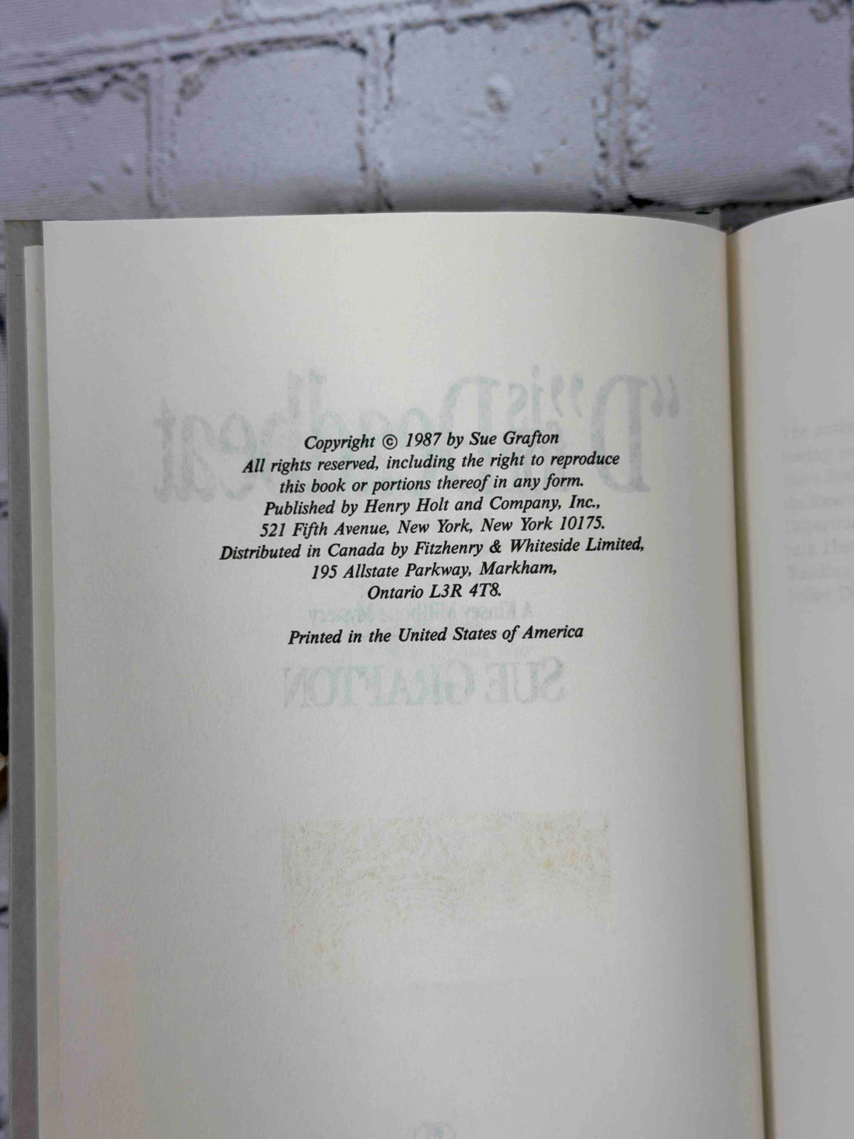 D Is for Deadbeat by Sue Grafton, 1987 Henry Holt hardcover - copyright page