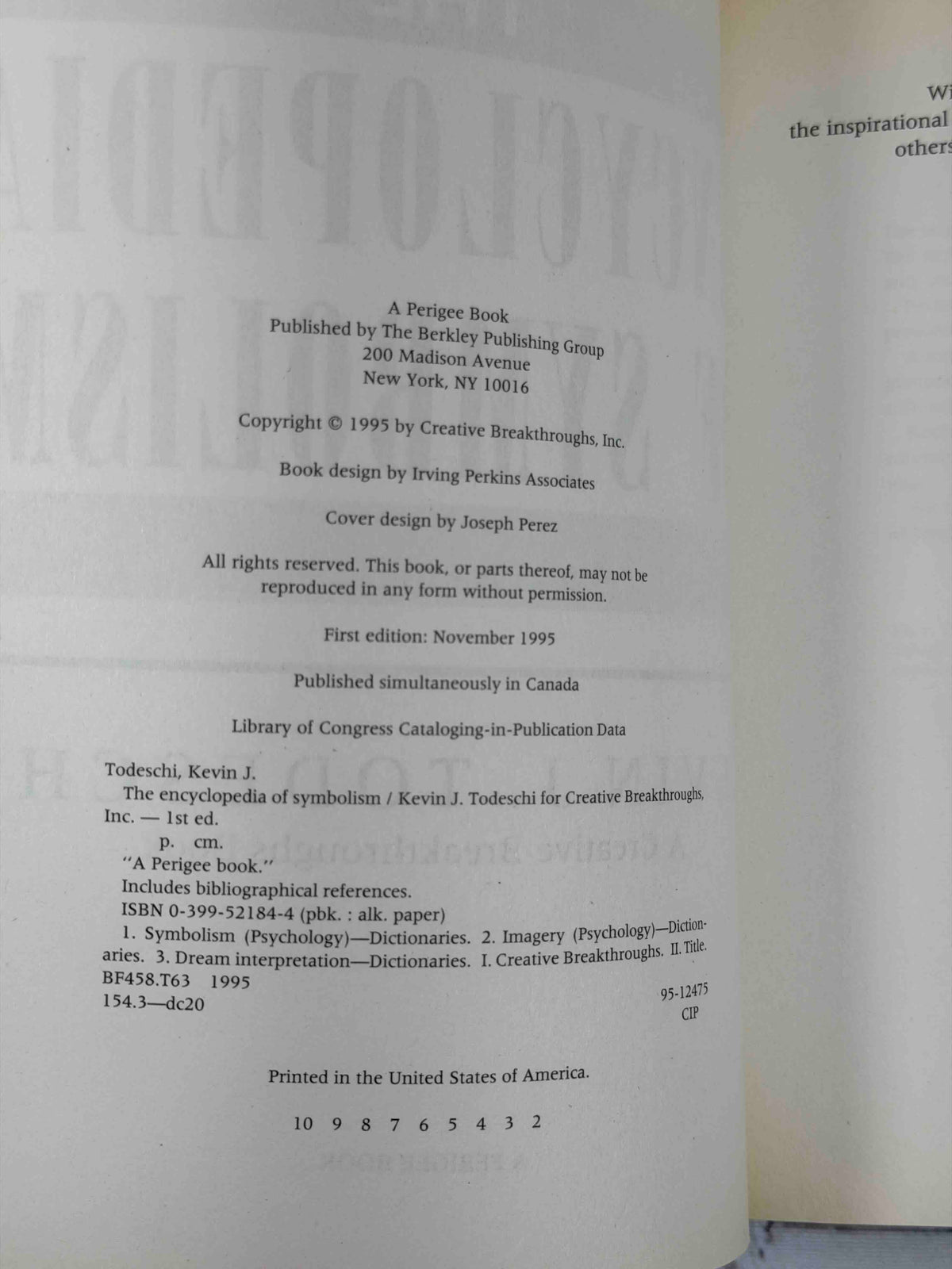The Encyclopedia of Symbolism by Kevin J. Todeschi, 1995 Perigee paperback - copyright page
