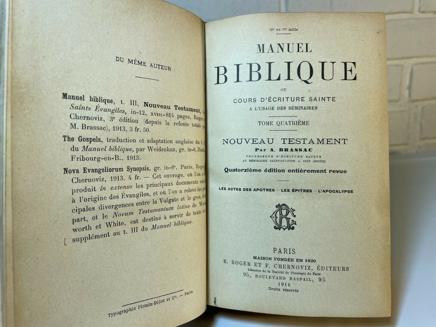 Manuel Biblique Vol.IV Nouveau Testament, Paris (1916) Les. Epitres, L'Apocalyps