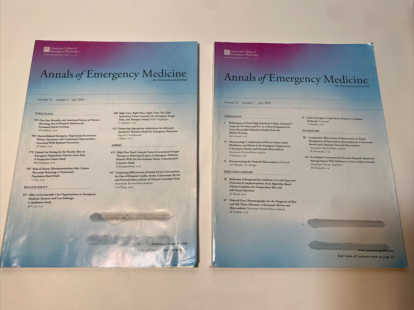 Annals of Emergency Medicine International journal 2020 vols 75-76, 4 Book LotA2