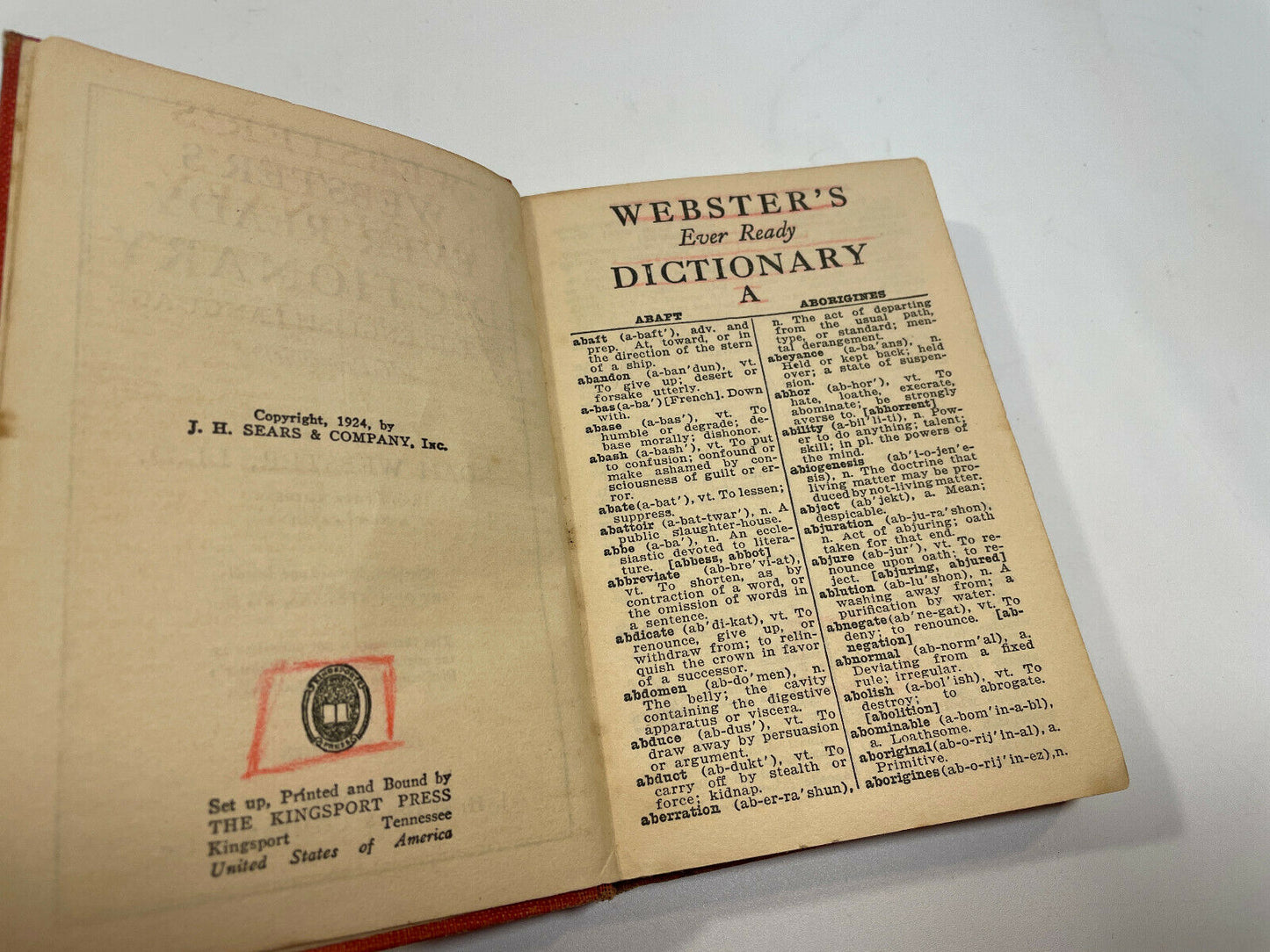 Webster's Ever-Ready Dictionary Self-Pronouncing  Copyright 1926 Edition 