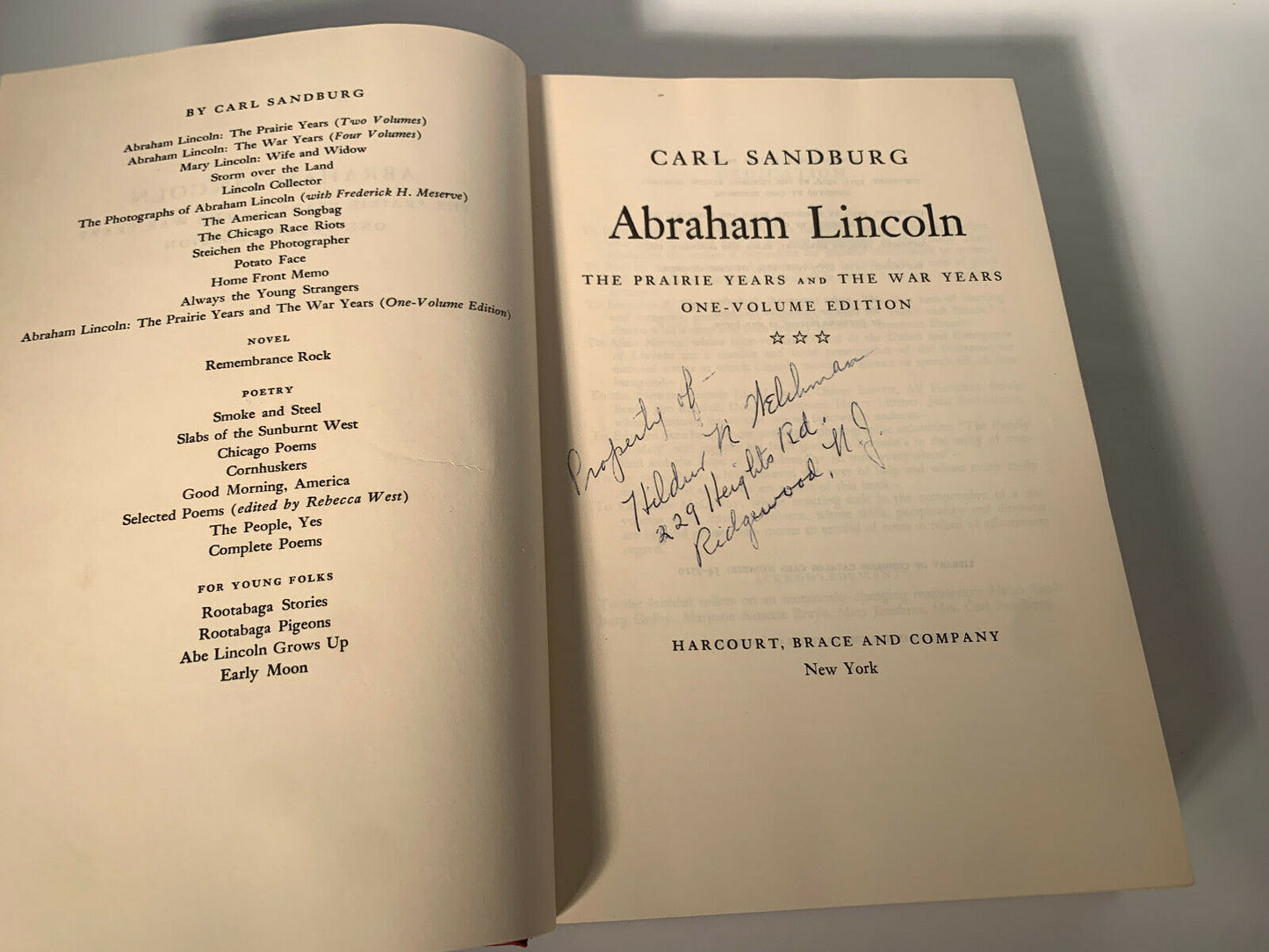 One-Volume Edition   Sandburg   Abraham Lincoln   Harcourt, Brace & World  1984