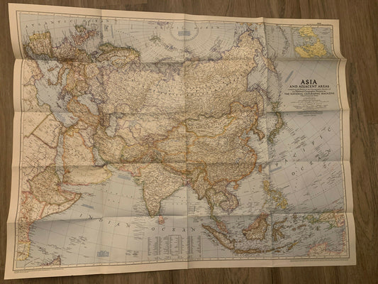 Publication Map Asia Adjacent Areas National Geographic 36" x 29" ,1951