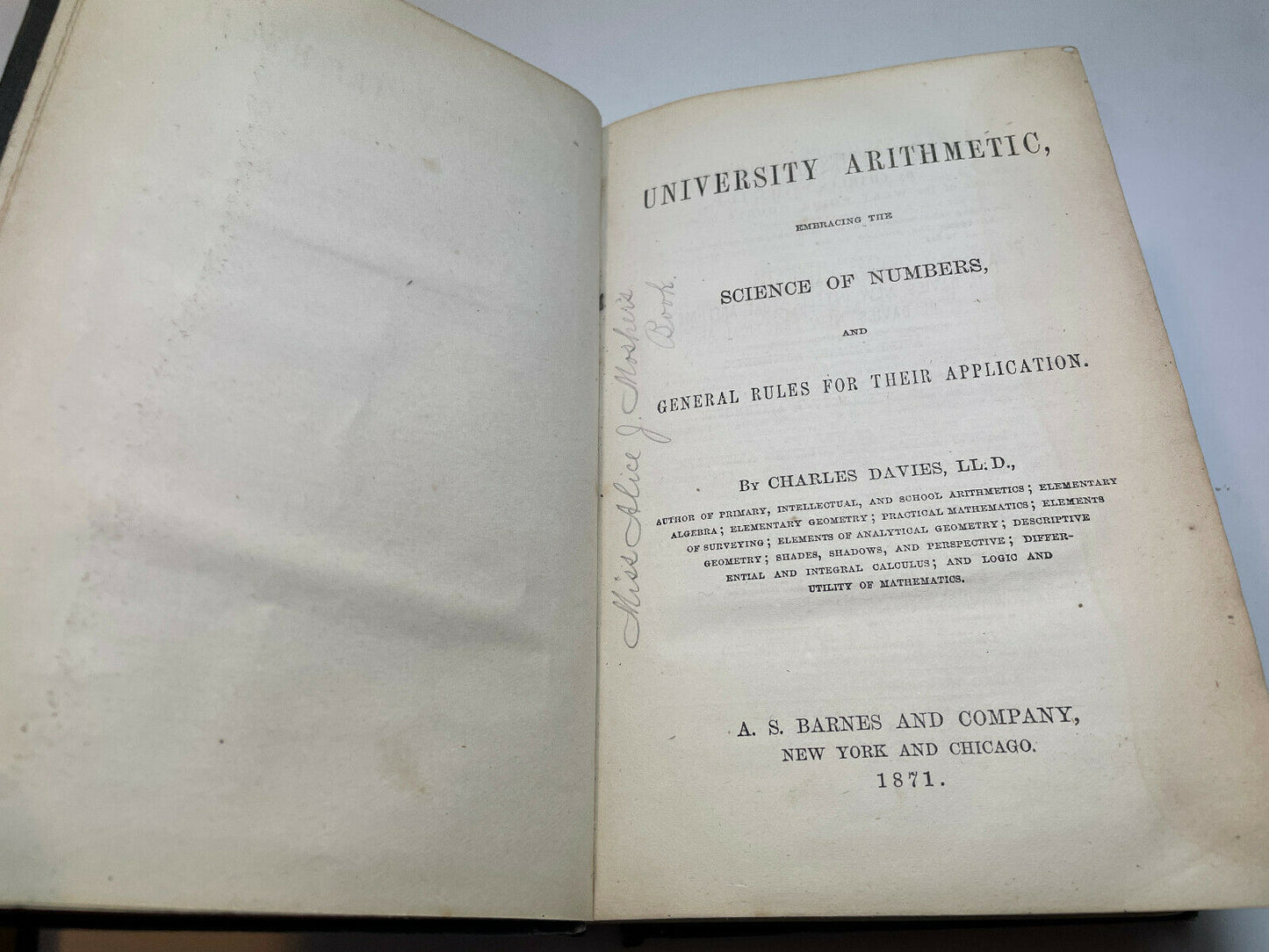 University Arithmetic, Science of Numbers by Charles Davies 1871 (A2)