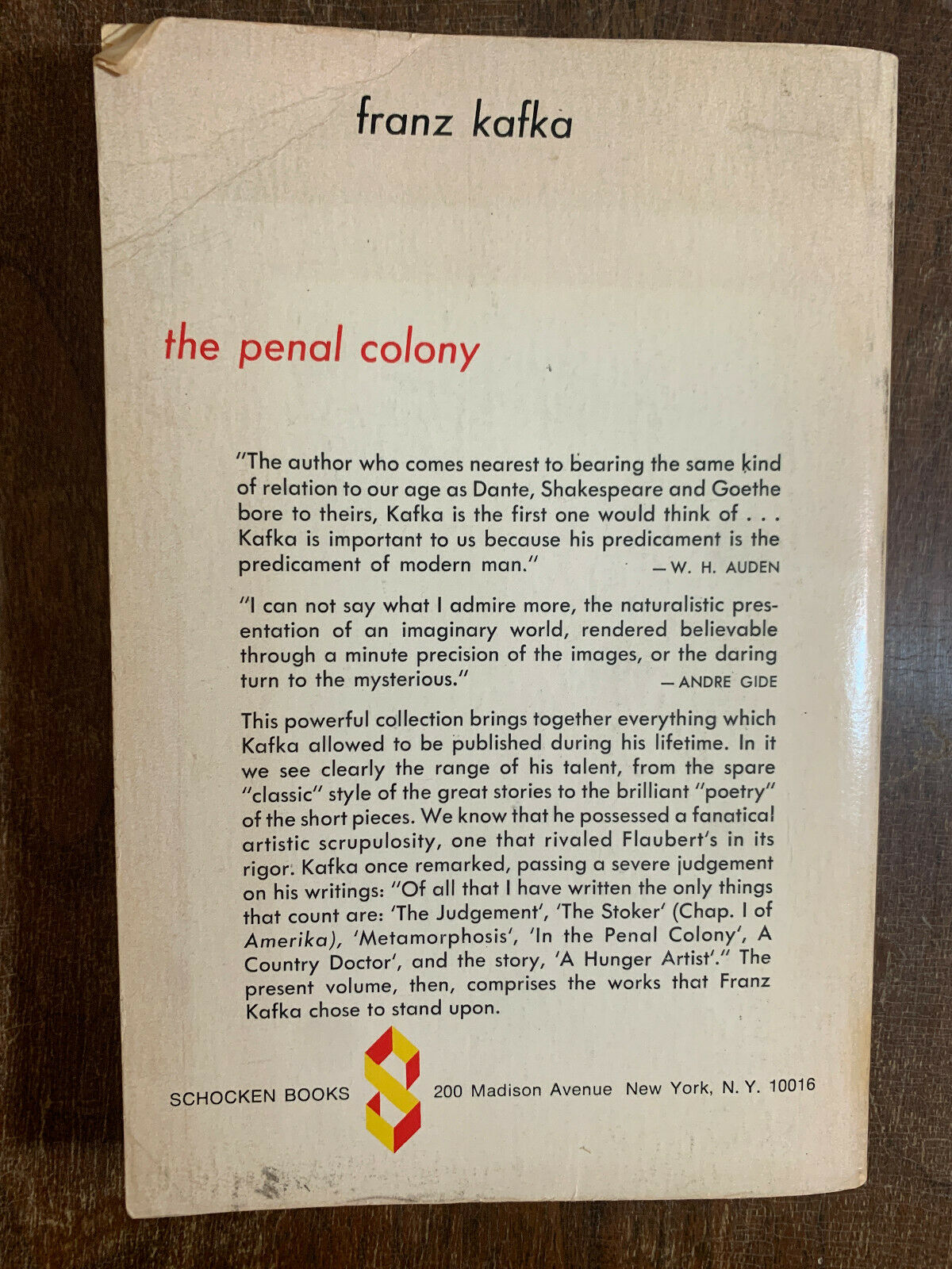 Franz KAFKA, The Penal Colony Stories and Short Pieces, 18th Printing, 1972 (K7)