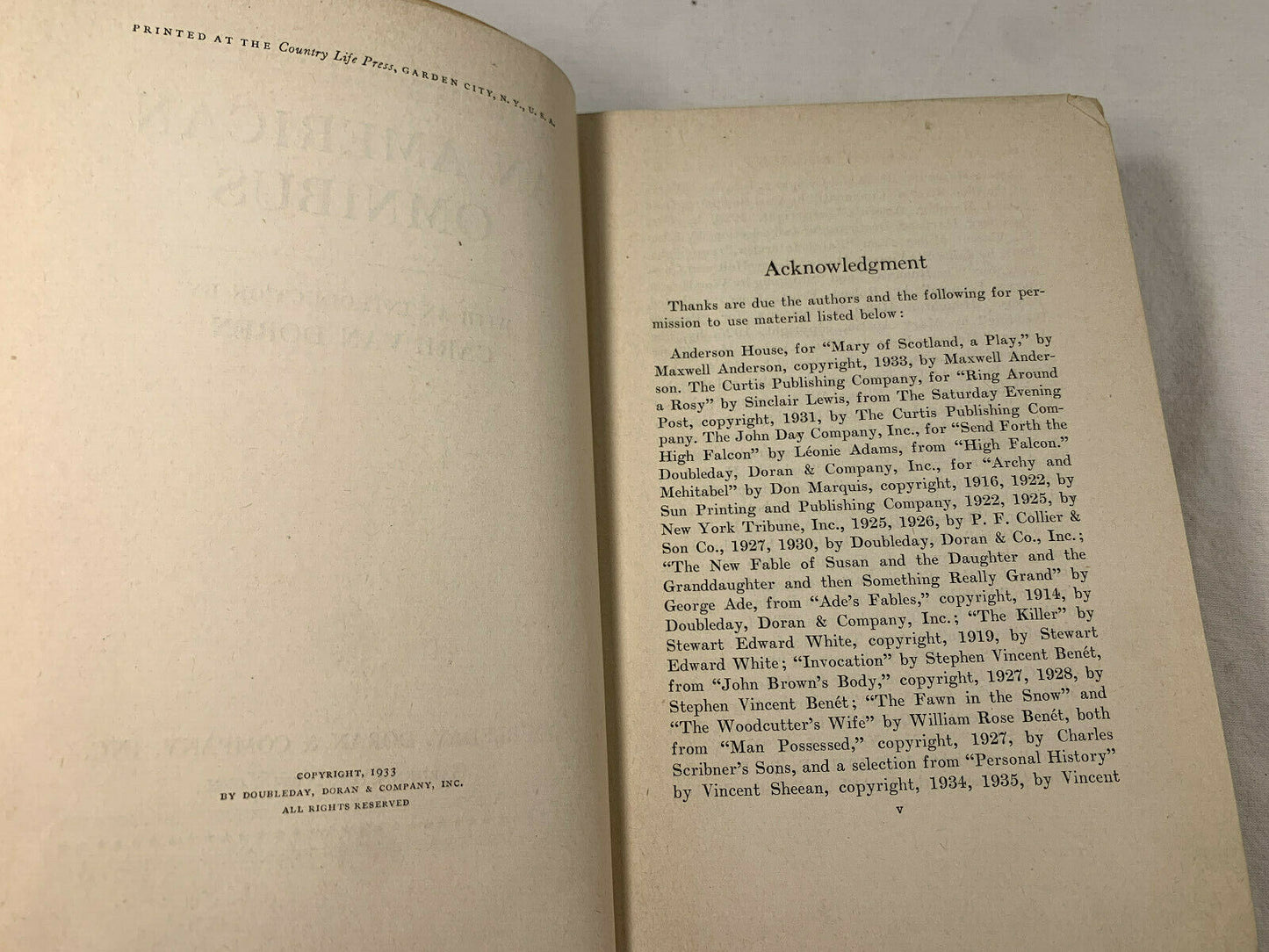 An American Omnibus with intro by Carl Van Doren 1933 Hardcover