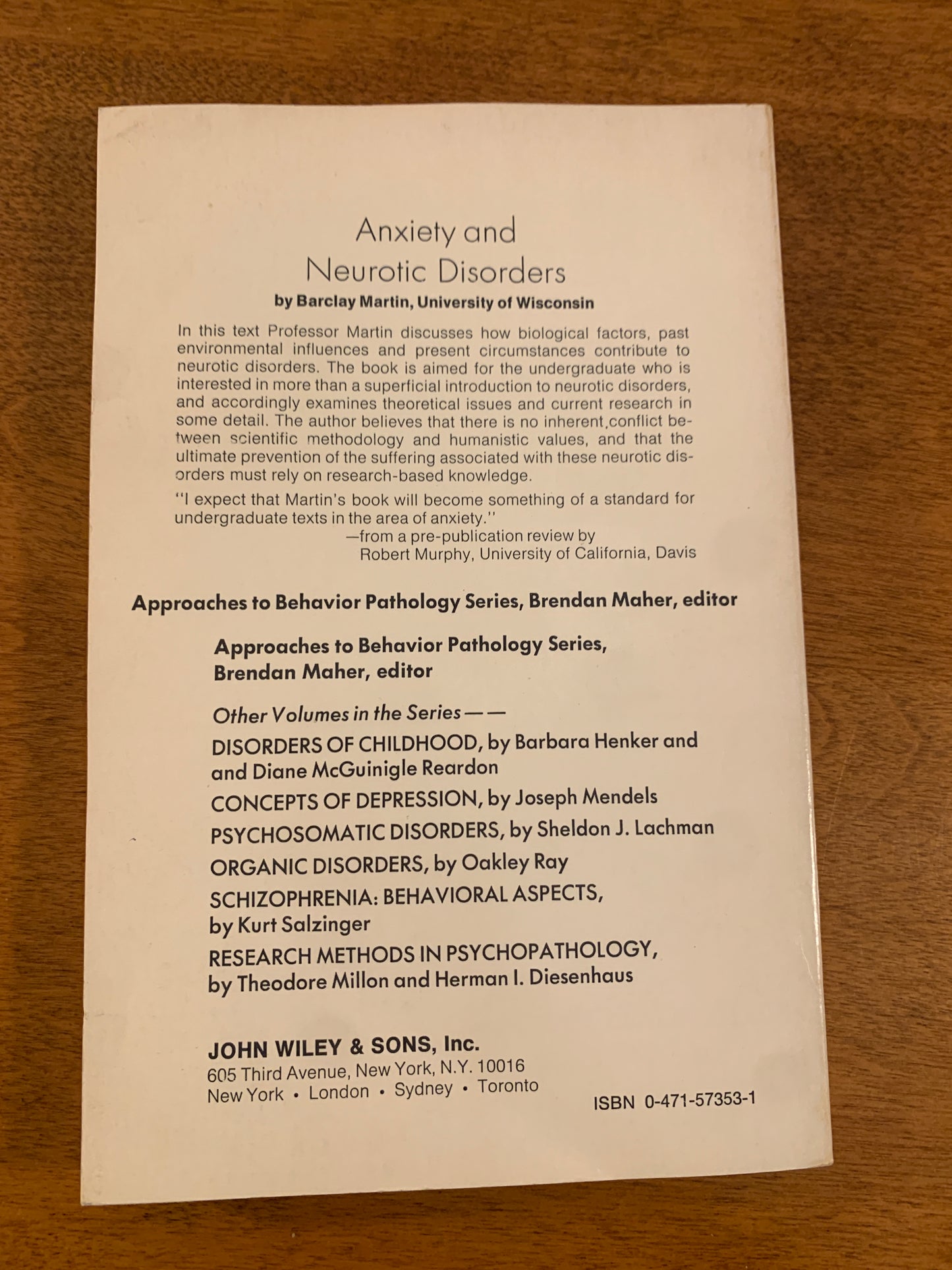 Anxiety and Neurotic Disorders by Barclay Martin 1971