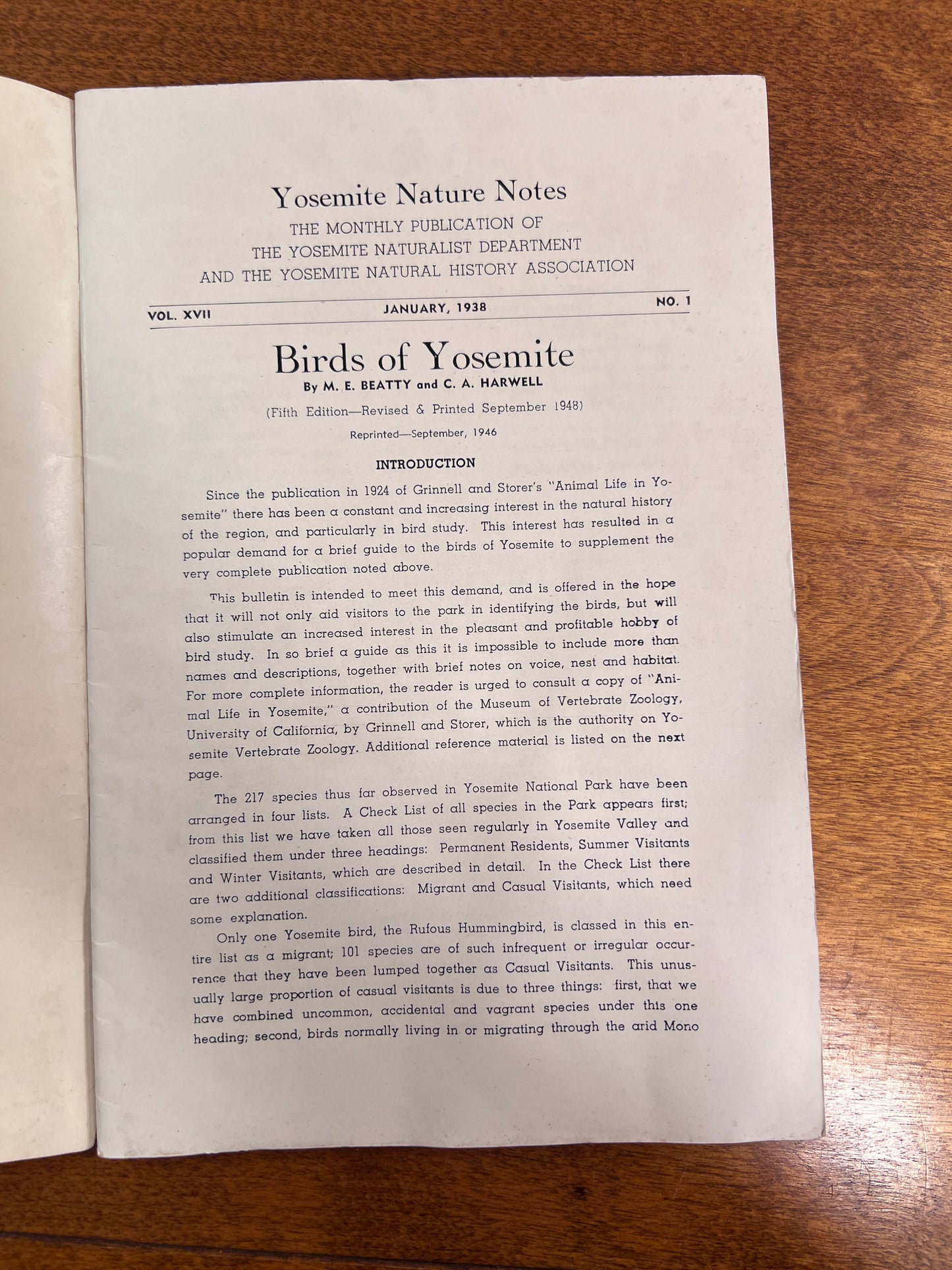 The Monthly Publication of the Yosemite Naturalist Dept. Birds of Yosemite by M.E. Beatty and C.A. Harwell